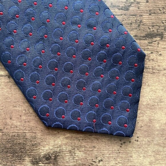 Take Six Mens Silk Tie Navy Blue Red Dot Jacquard Necktie Gold Chain Keeper Loop - Picture 5 of 10